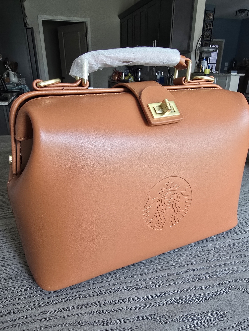 Starbucks Tan Structured Satchel with Gold Hardware